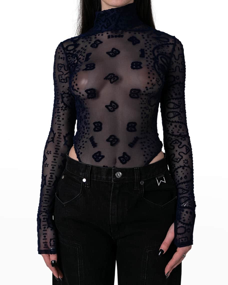 Rhude Bandana Sheer Printed Long-Sleeve Bodysuit | Neiman Marcus