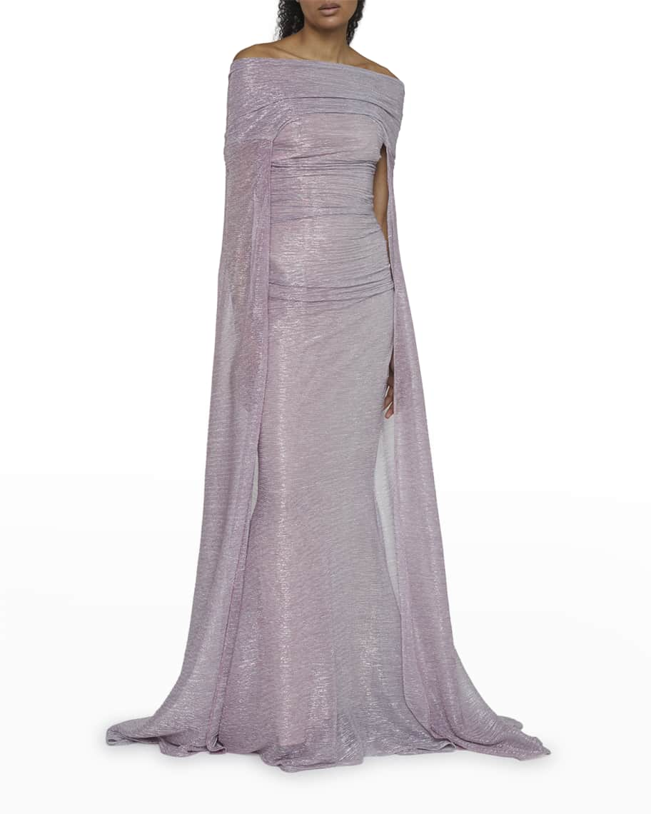 Talbot Runhof Metallic Voile Off-The-Shoulder Cape Gown | Neiman Marcus