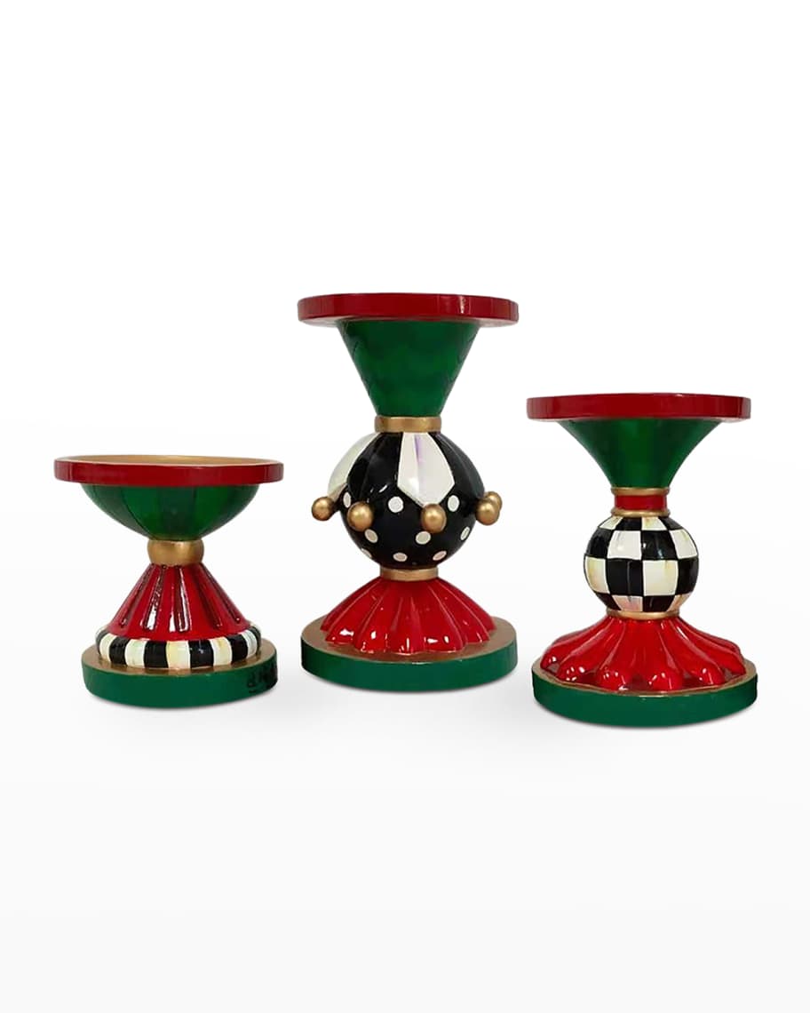 MacKenzieChilds 6" 5" and 4" Jolly Holiday Pillar Candle Holders, Set