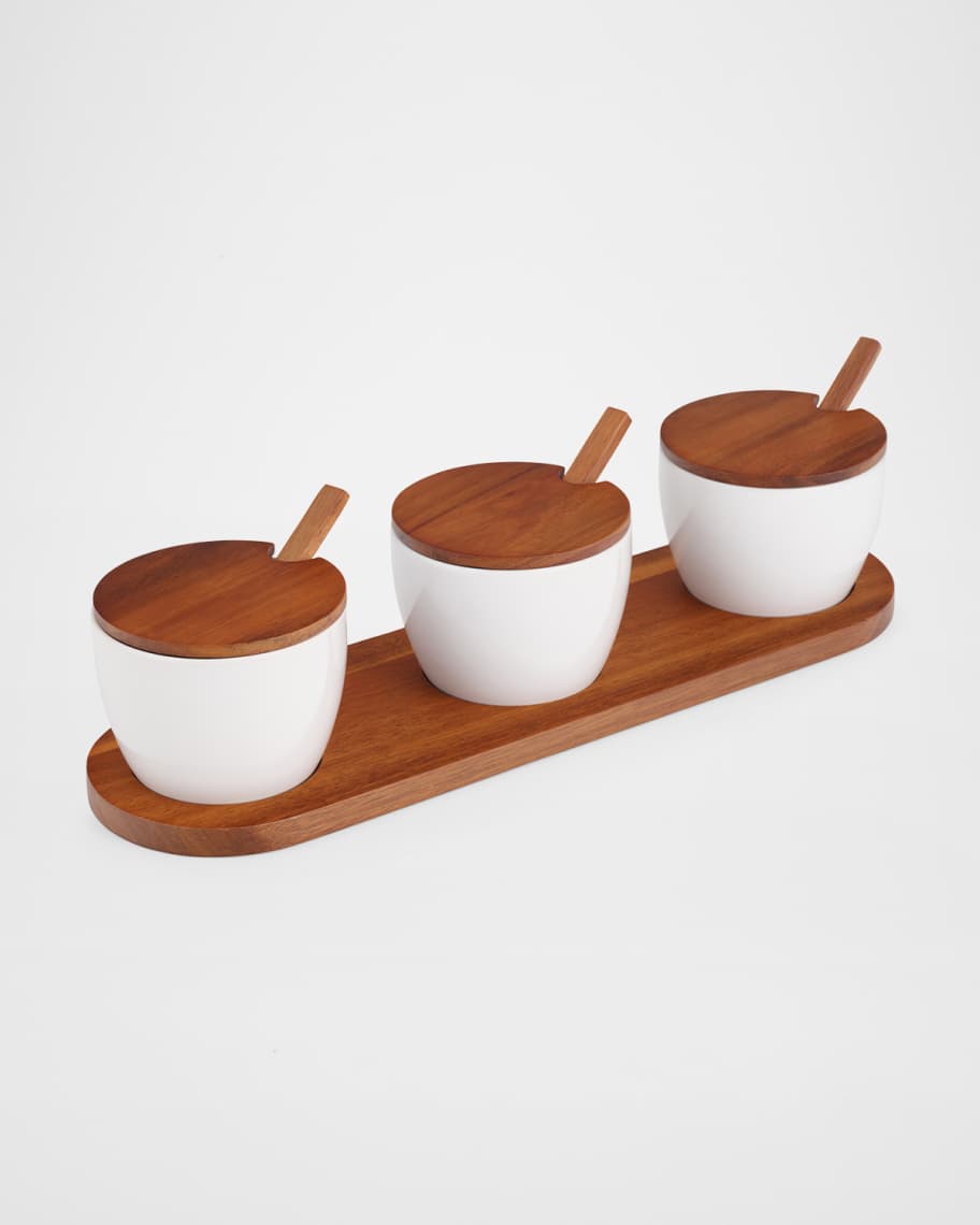 Nambe Duets Triple Condiment Server W/ Lids & Spoons