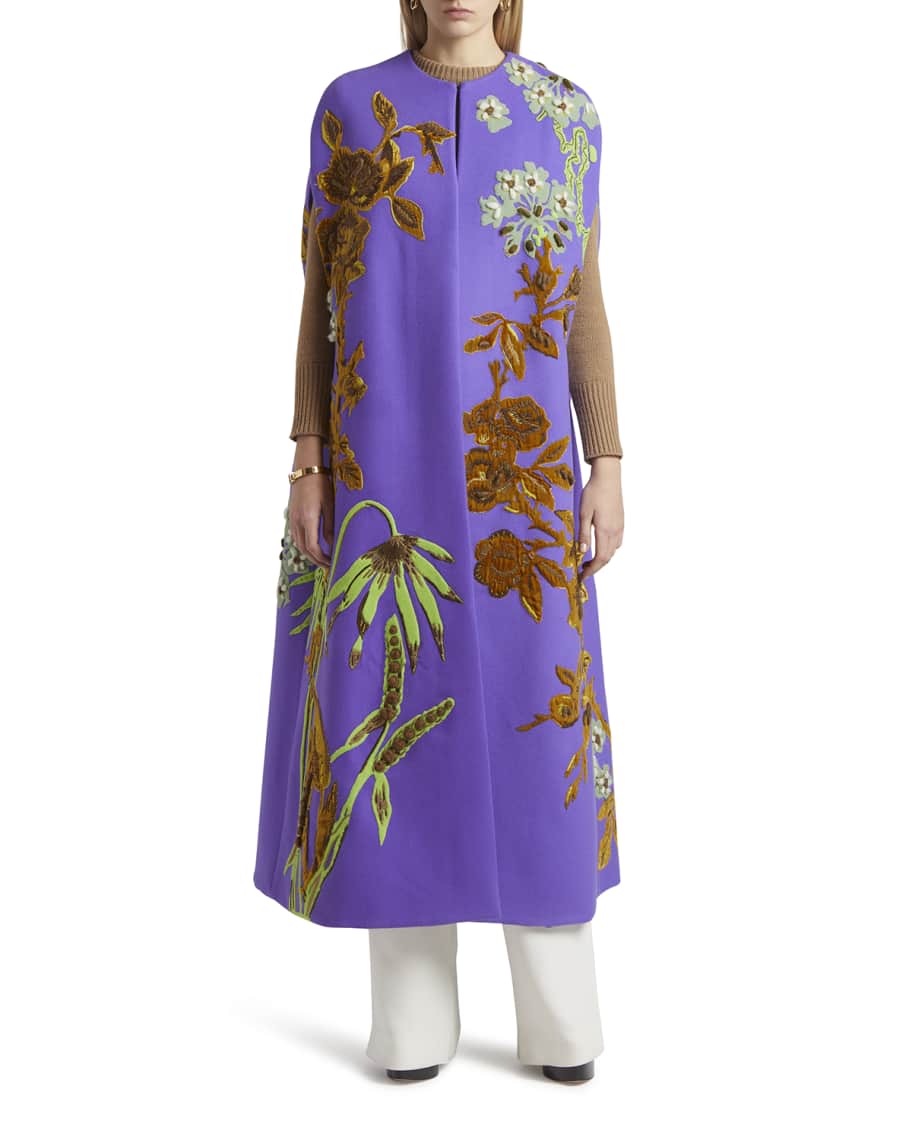 Floral Embroidered Cashmere Cape Coat