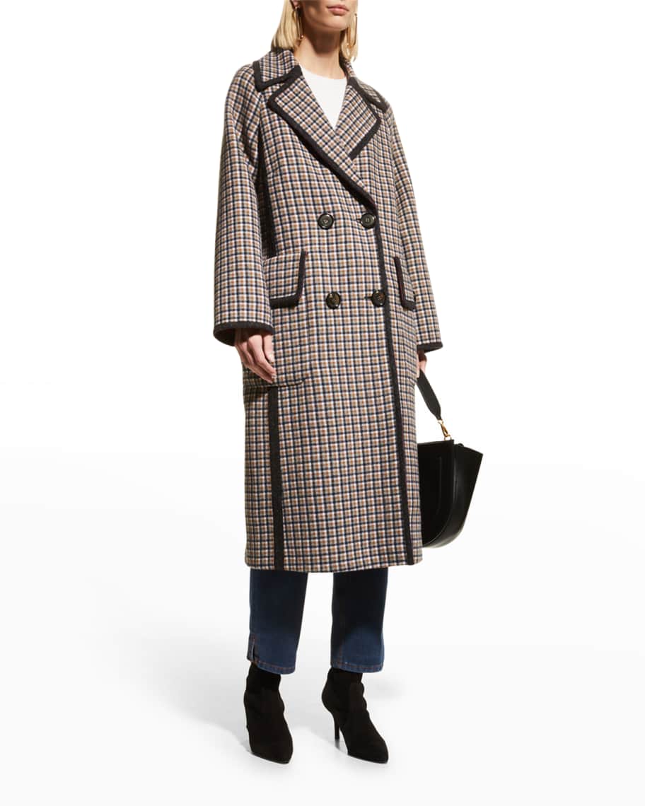 Maison Common Plaid Double-Breasted Wool-Silk Long Coat | Neiman Marcus