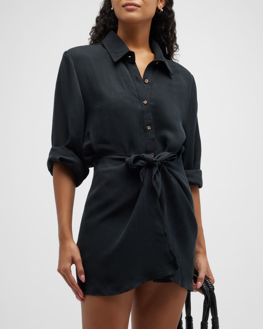ANEMOS Laur Front-Tie Mini Linen-Cupro Shirtdress | Neiman Marcus