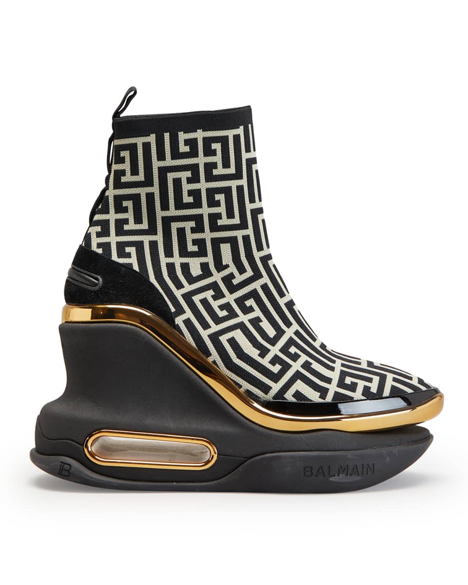 Balmain BBold Knit Monogram Metallic Wedge Sneakers Neiman Marcus