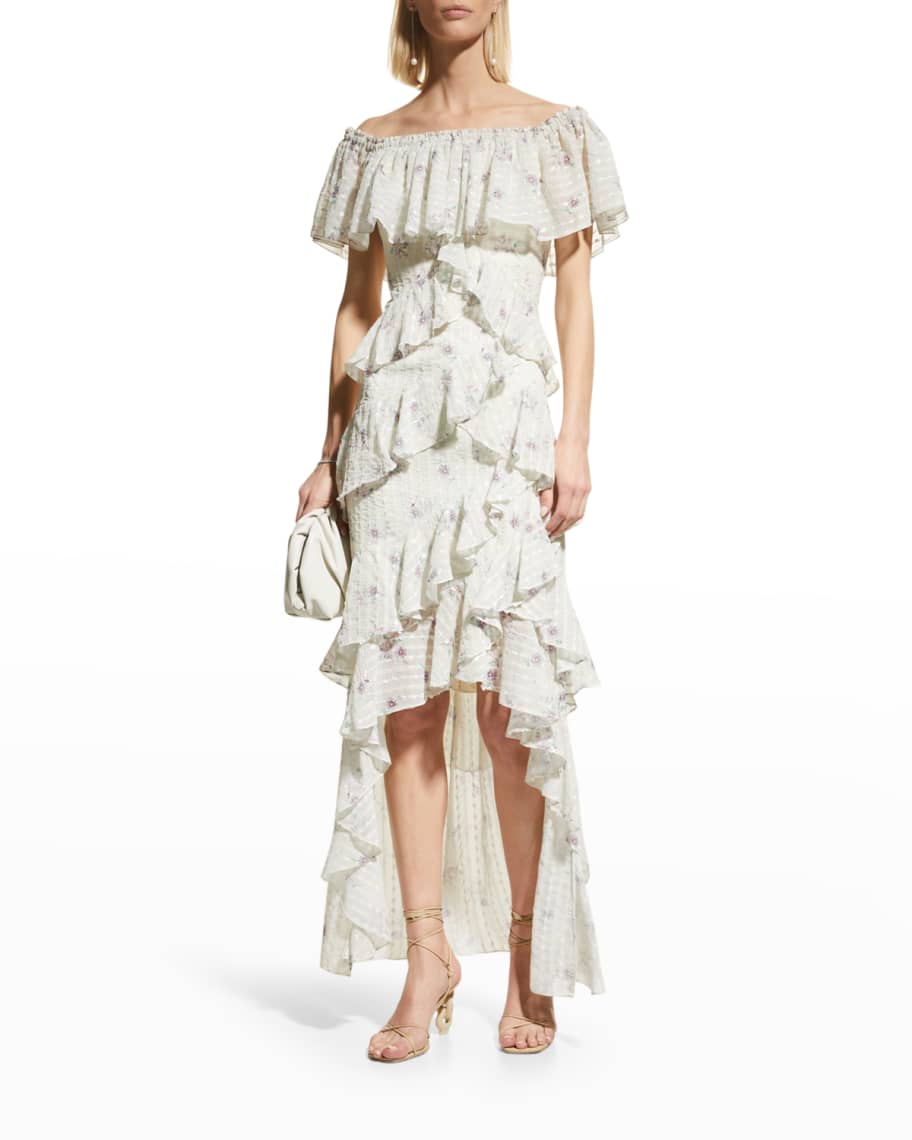 Badgley Mischka Off-Shoulder Ruffle Tiered Gown | Neiman Marcus