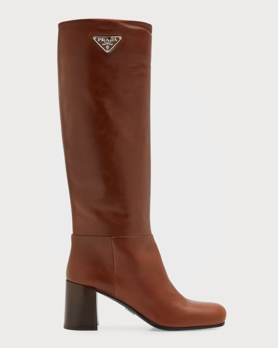 Prada Leather Block-Heel Knee Boots | Neiman Marcus