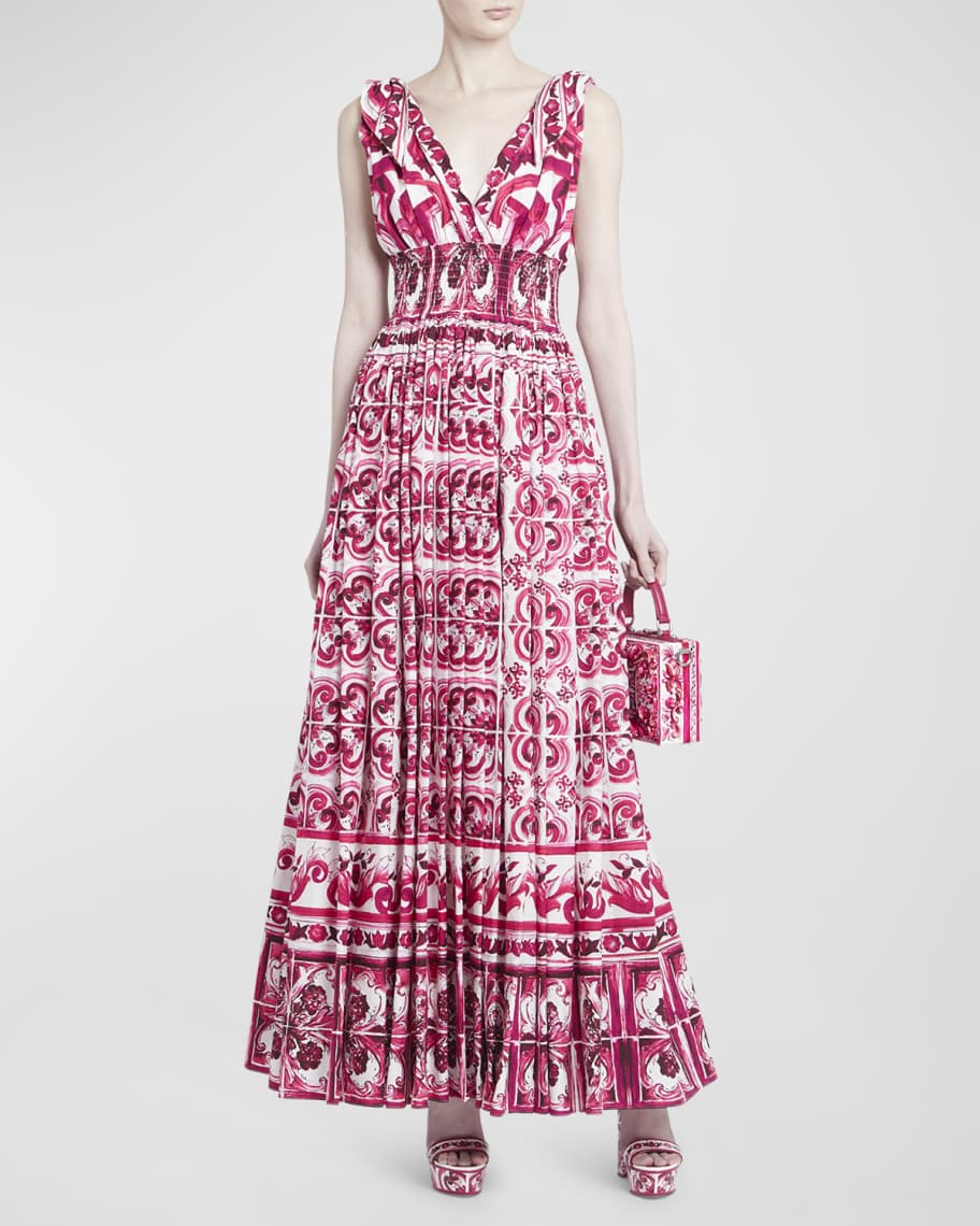 Dolce&Gabbana Tile-Printed Smocked Poplin Maxi Dress | Neiman Marcus
