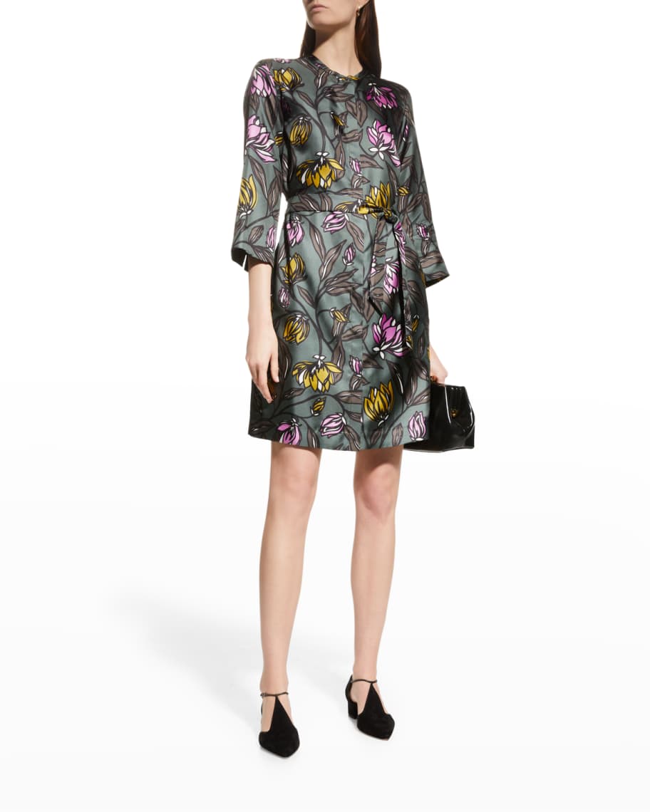 Max Mara Timeflo Floral-Print Belted Silk Shirtdress | Neiman Marcus
