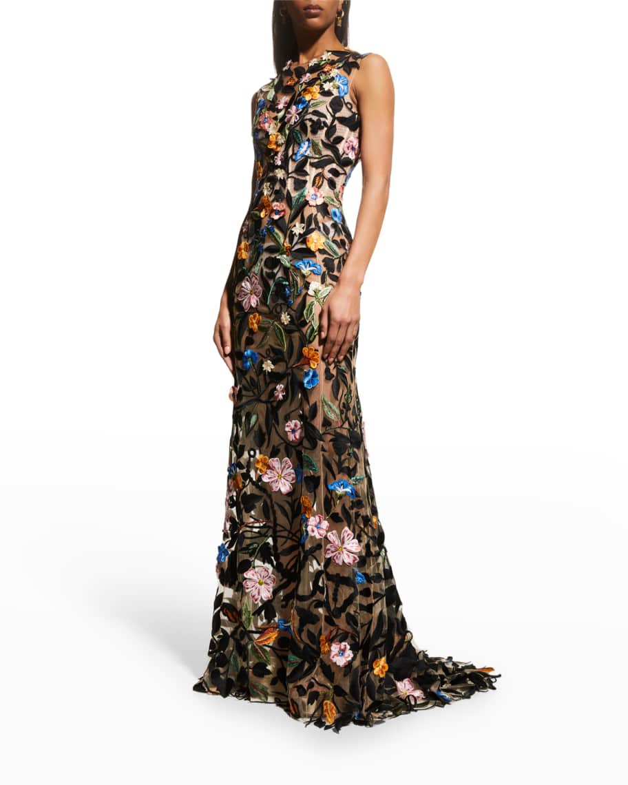 Oscar de la Renta Floral Embroidered Lace-Up Corset Illusion Gown ...