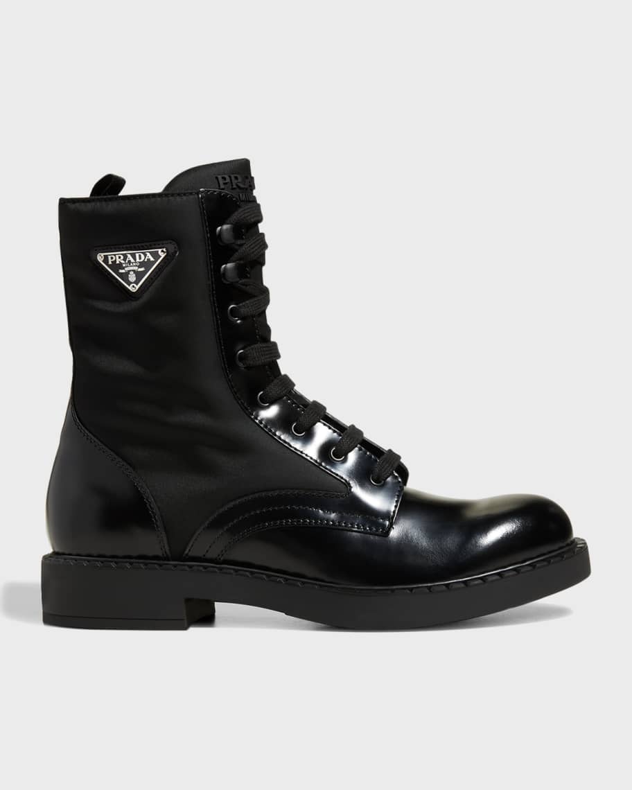 Prada Men's Nylon & Leather Triangle Logo Combat Boots | Neiman Marcus