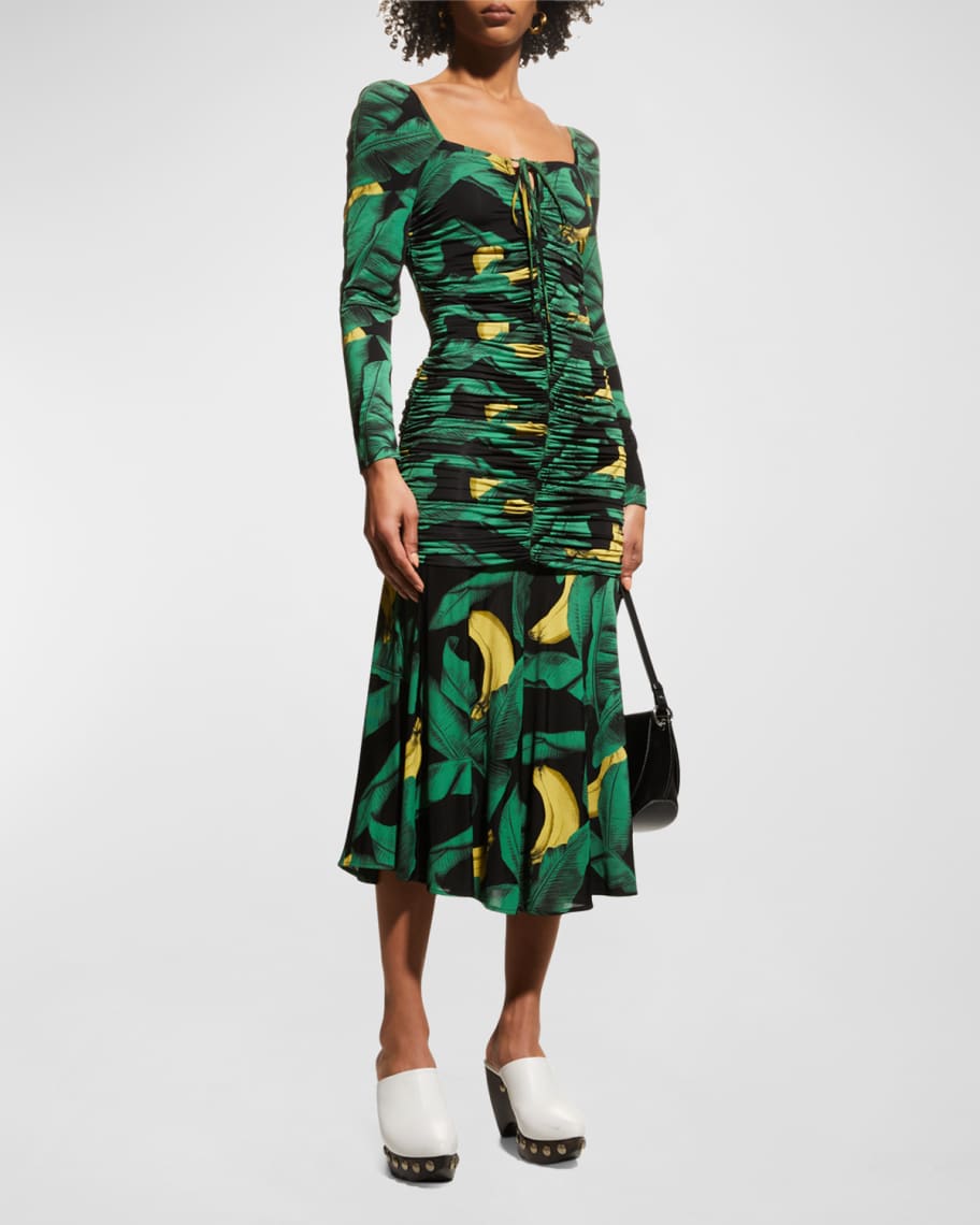 Ganni Tropical Ruched A-Line Midi Dress | Neiman Marcus