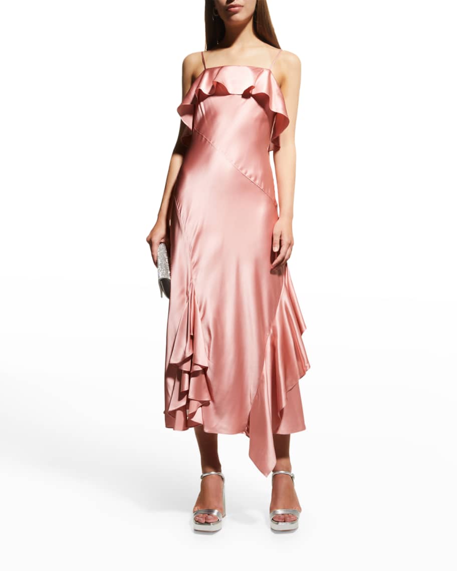 Cinq a Sept Elly Charmeuse Ruffle Midi Dress | Neiman Marcus