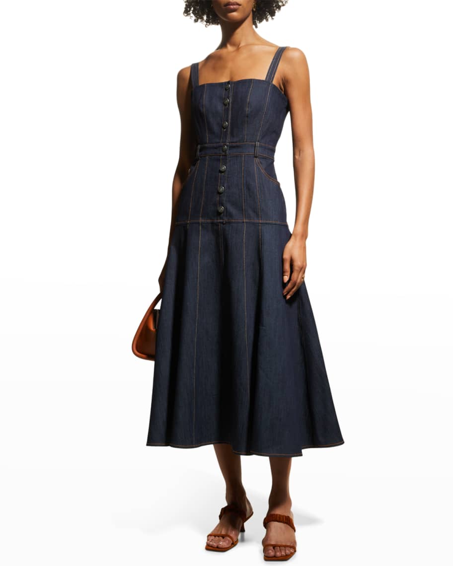 Cinq a Sept Veena Denim Button-Front Fit-&-Flare Midi Dress | Neiman Marcus