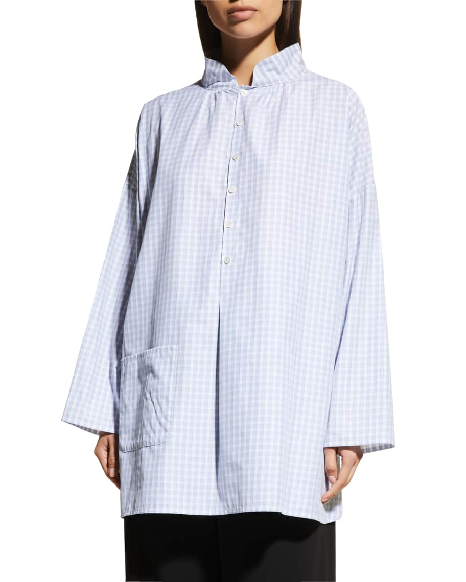 Eskandar Sloped-Shoulder Pleated-Collar Wide Shirt (Long Plus