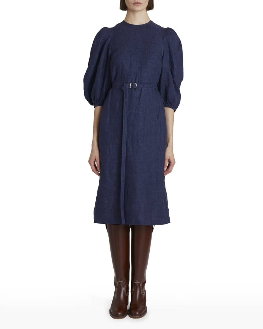 【Chloe】balloon sleeve dress/追跡可能/全国送料無料 Chloe Balloon-Sleeve Belted Linen Midi Dress | Neiman Marcus
