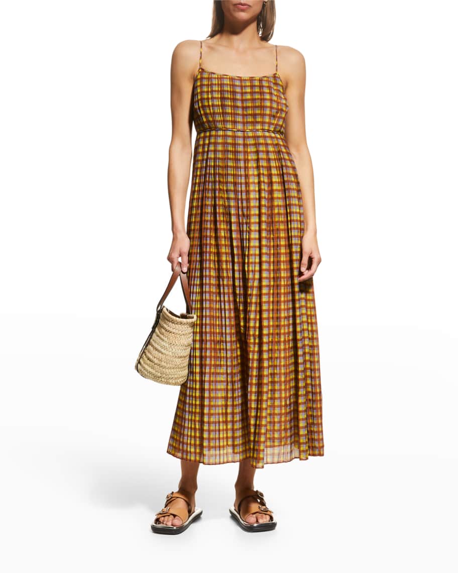Tory Burch Skinny Strap Pleated Plaid Midi Dress Neiman Marcus