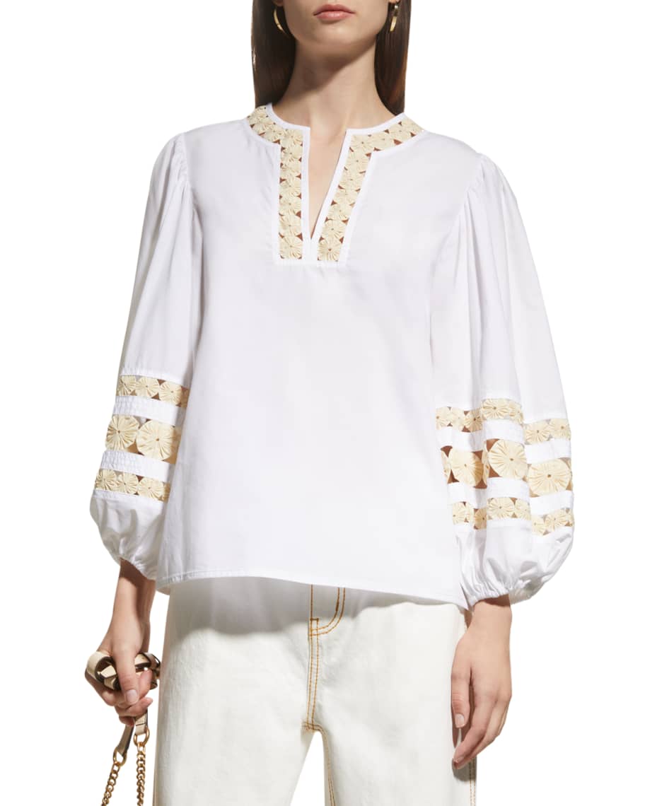 Tory Burch Yoyo-Embellished Blouson-Sleeve Tunic | Neiman Marcus