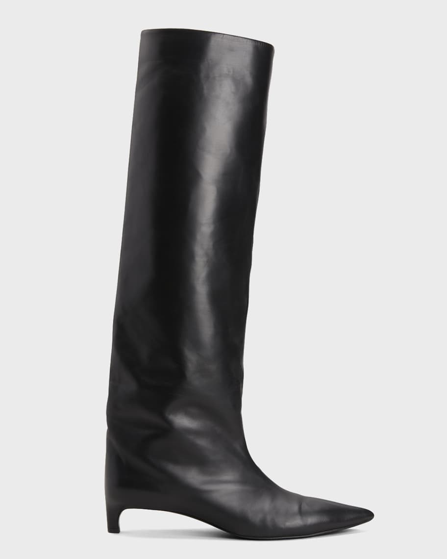 Jil Sander Calfskin Kitten-Heel Knee Boots | Neiman Marcus