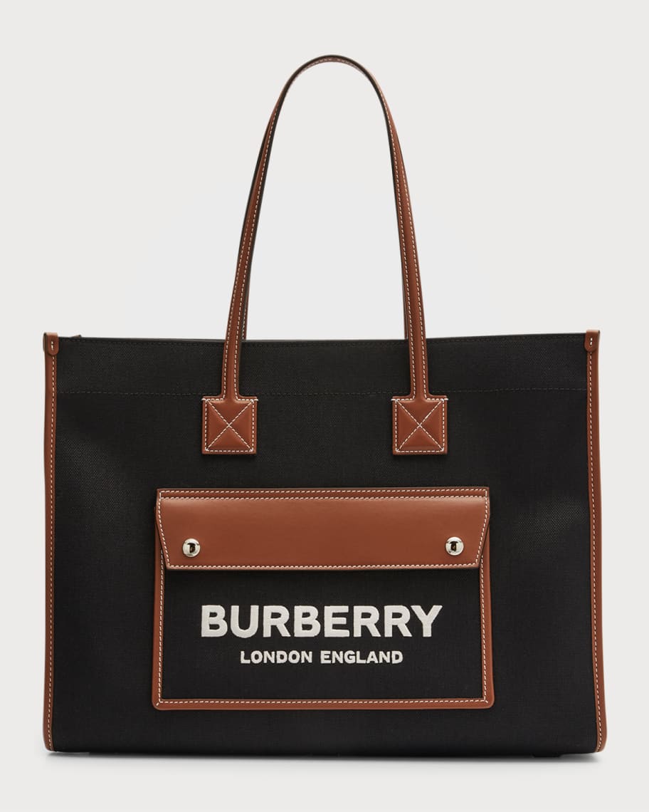 Burberry Freya Twill Leather Tote Bag Neiman Marcus