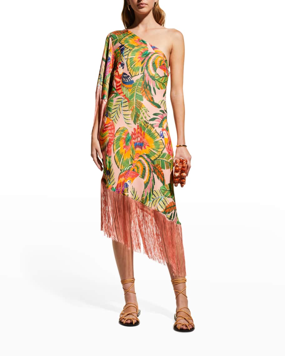 Farm Rio Macaw Leaves One-Shoulder Fringe Midi Dress | Neiman Marcus