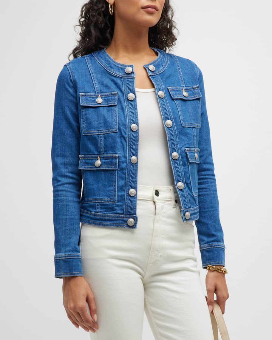 L'Agence Yari Faded Collarless Denim Jacket | Neiman Marcus