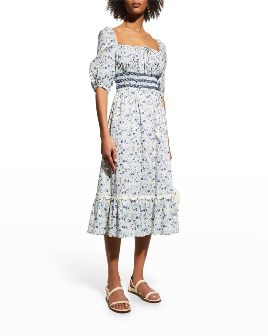 Johnny Was Camille Smocked Floral-Print Midi Dress | Neiman Marcus