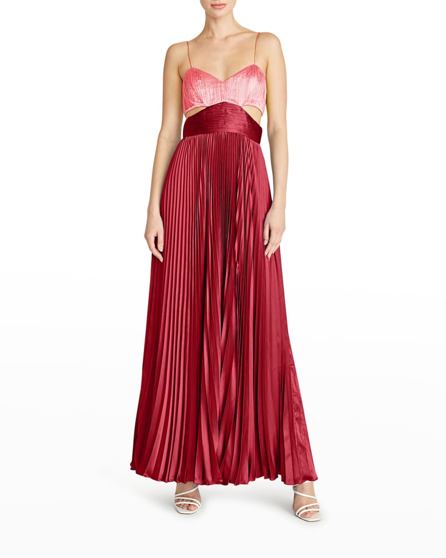 AMUR Elodie Cutout Waist Pleated Satin Gown Neiman Marcus