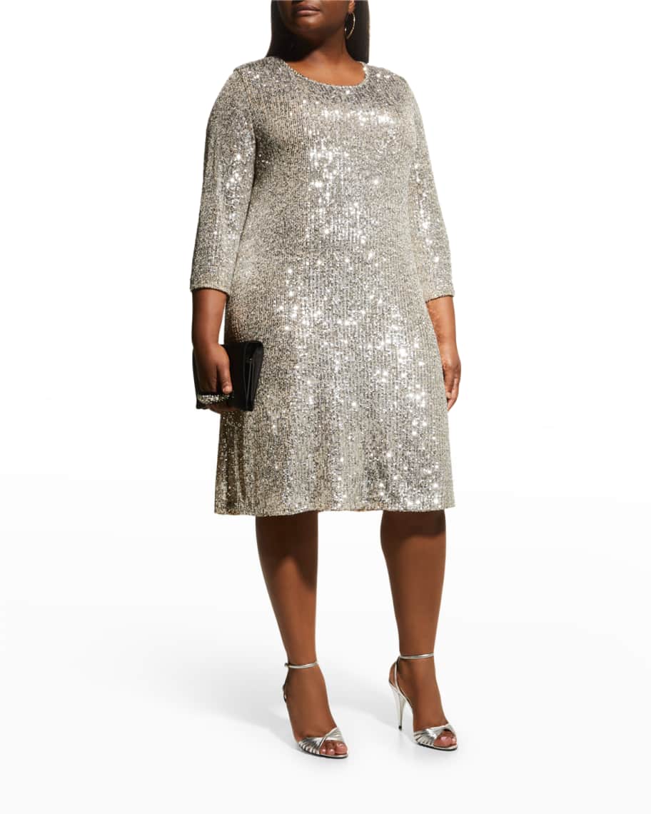 Caroline Rose Plus Plus Size Sequin 3 4 Sleeve A Line Dress