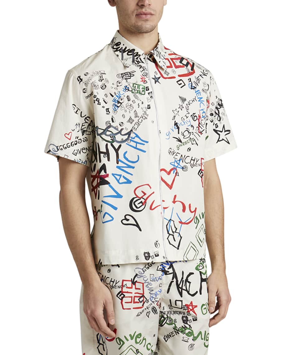 GIVENCHY｜SHORT-SLEEVED SHIRTS Givenchy Men's Graffiti Full-Zip Sport Shirt | Neiman Marcus