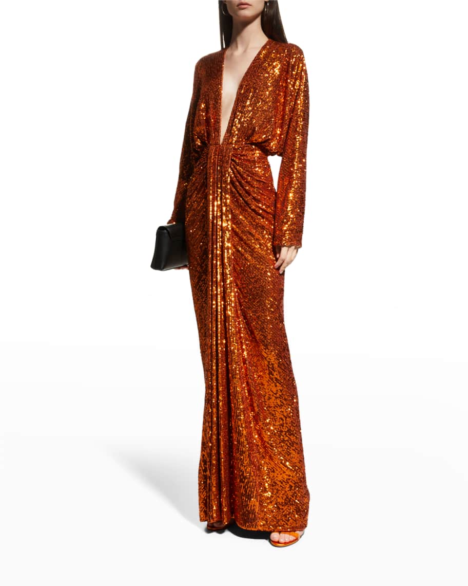 Rasario Sequin Draped Column Gown Neiman Marcus