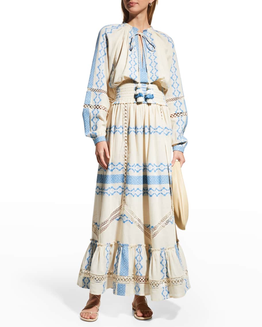 Hemant Nandita Tassel Tie Smocked Embroidered Maxi Dress