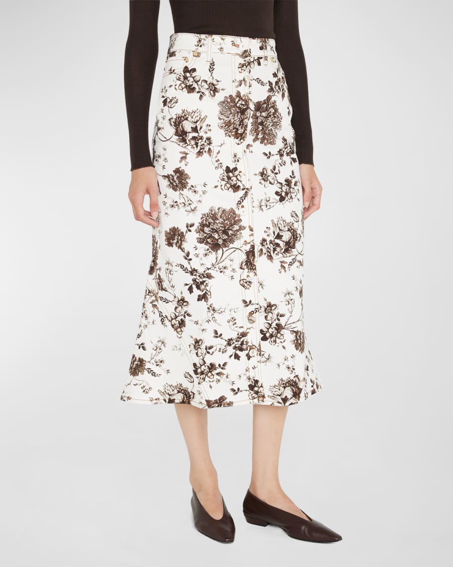 Erdem Victorine Floral-Print Denim Fluted Midi Skirt | Neiman Marcus