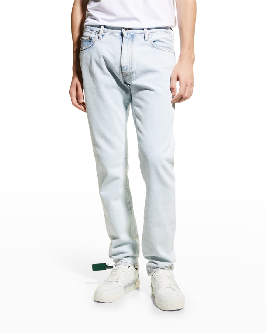 Off-White Men's Bleached Slim-Fit Jeans | Neiman Marcus