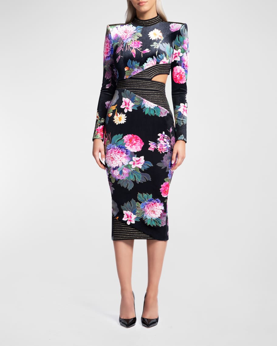 ZHIVAGO Message to Love Cutout Floral Velvet Midi Dress | Neiman Marcus