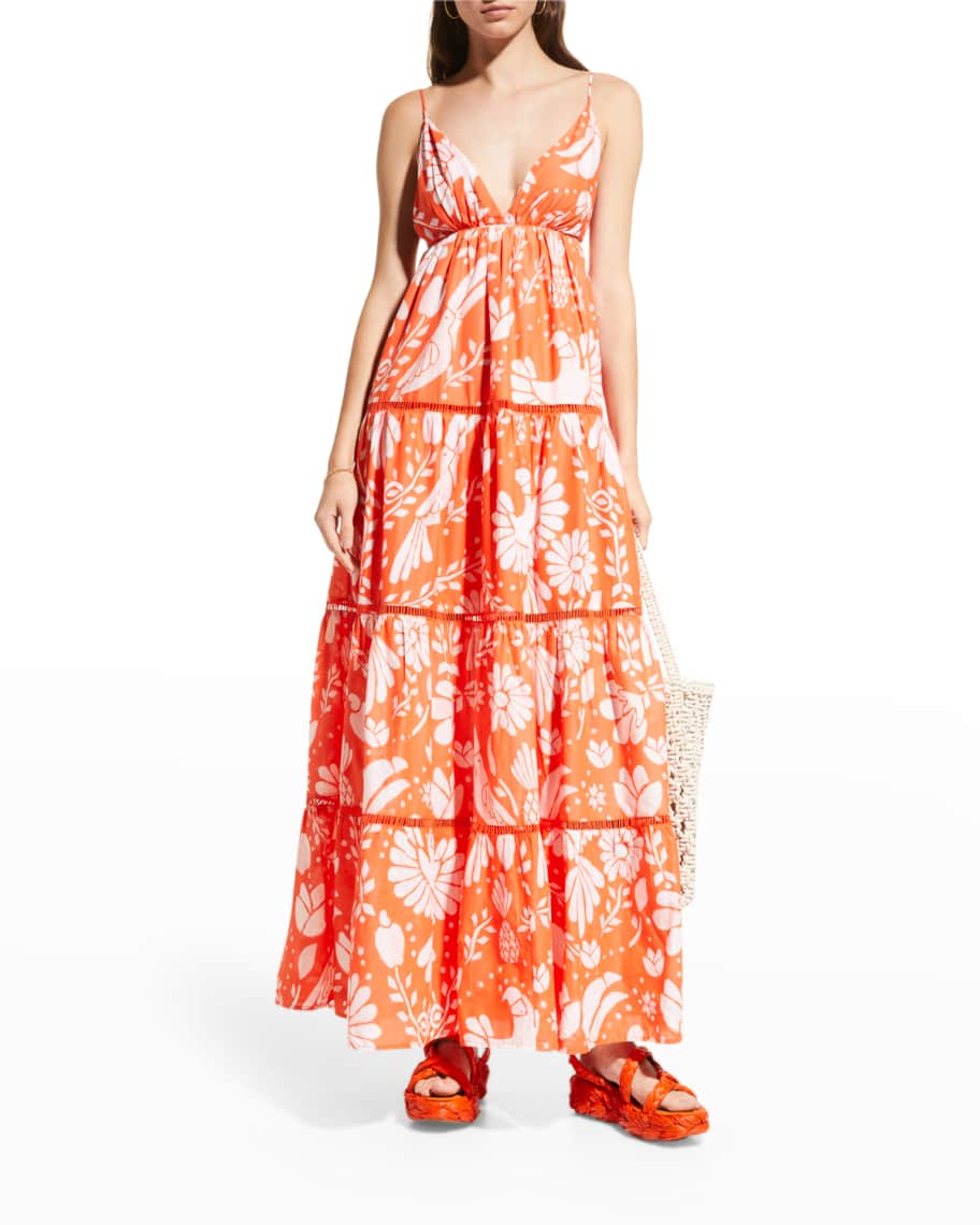 Farm Rio Orange Neon Jungle Tiered Maxi Dress | Neiman Marcus