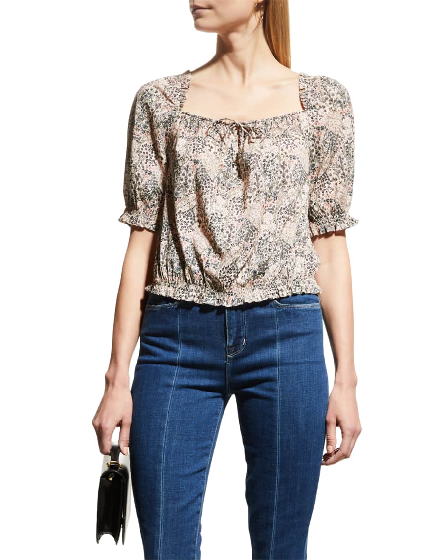 PAIGE Elise Floral Puffed-Sleeve Top | Neiman Marcus