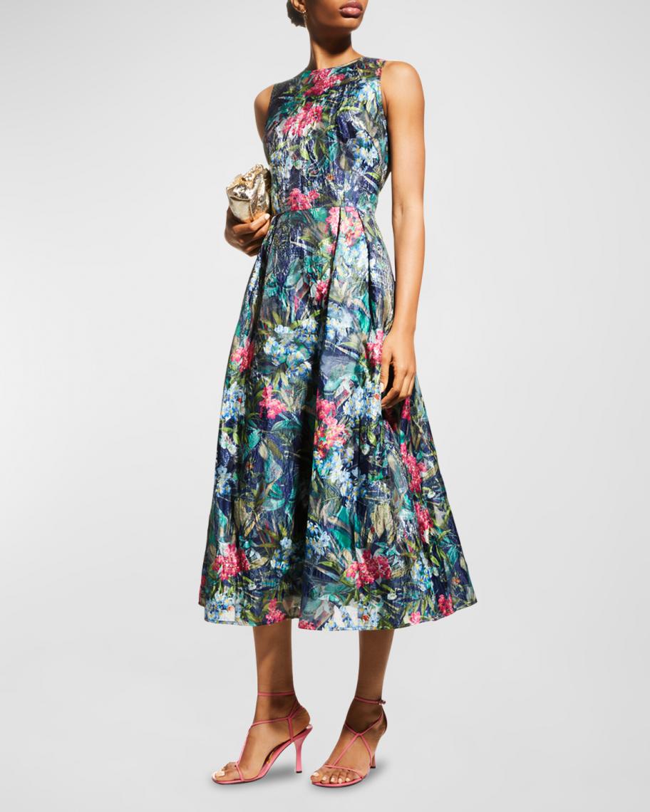 Rickie Freeman for Teri Jon Pleated Floral-Print Dress | Neiman Marcus