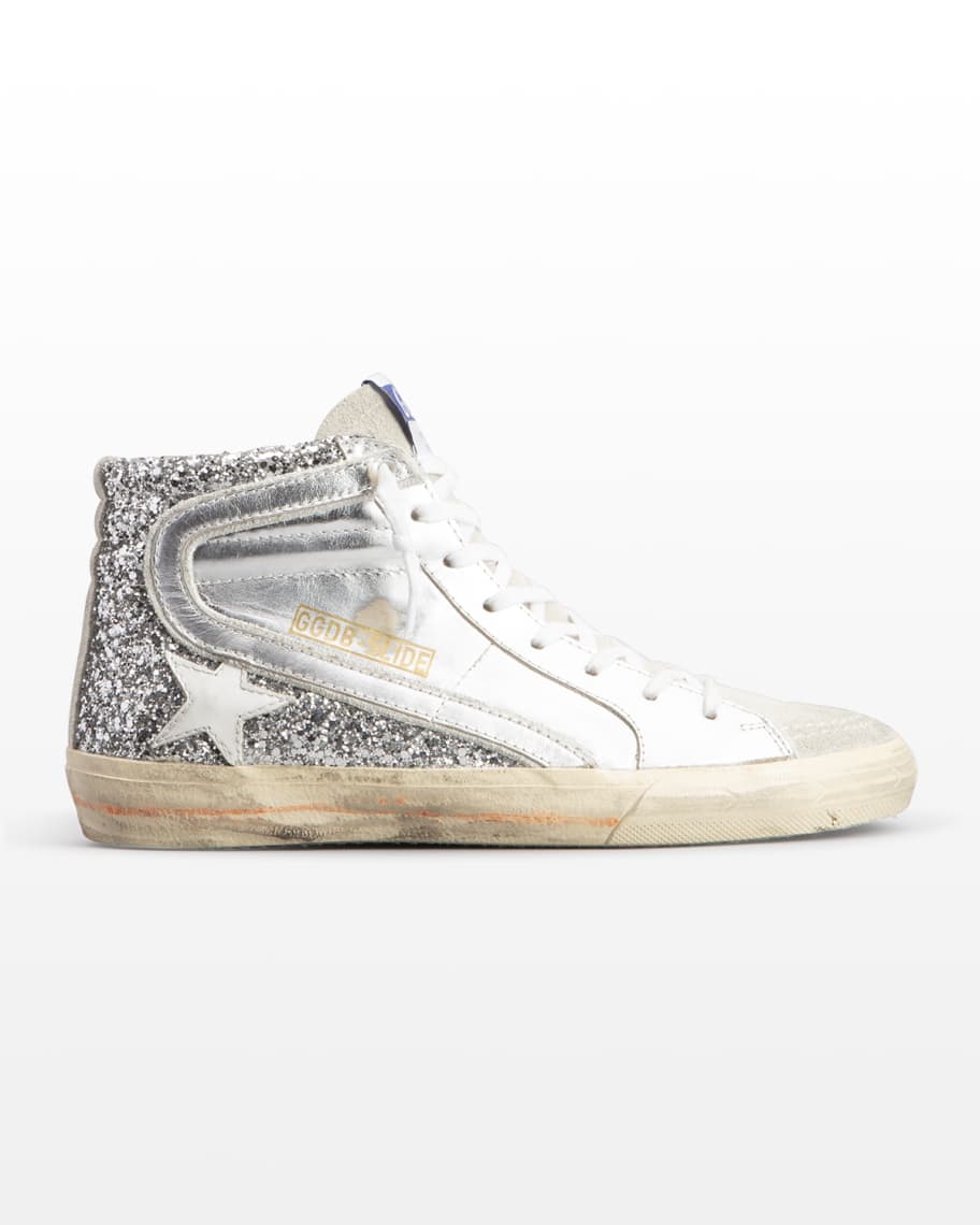 Golden Goose Slide Mid-Top Glitter Leather Sneakers | Neiman Marcus