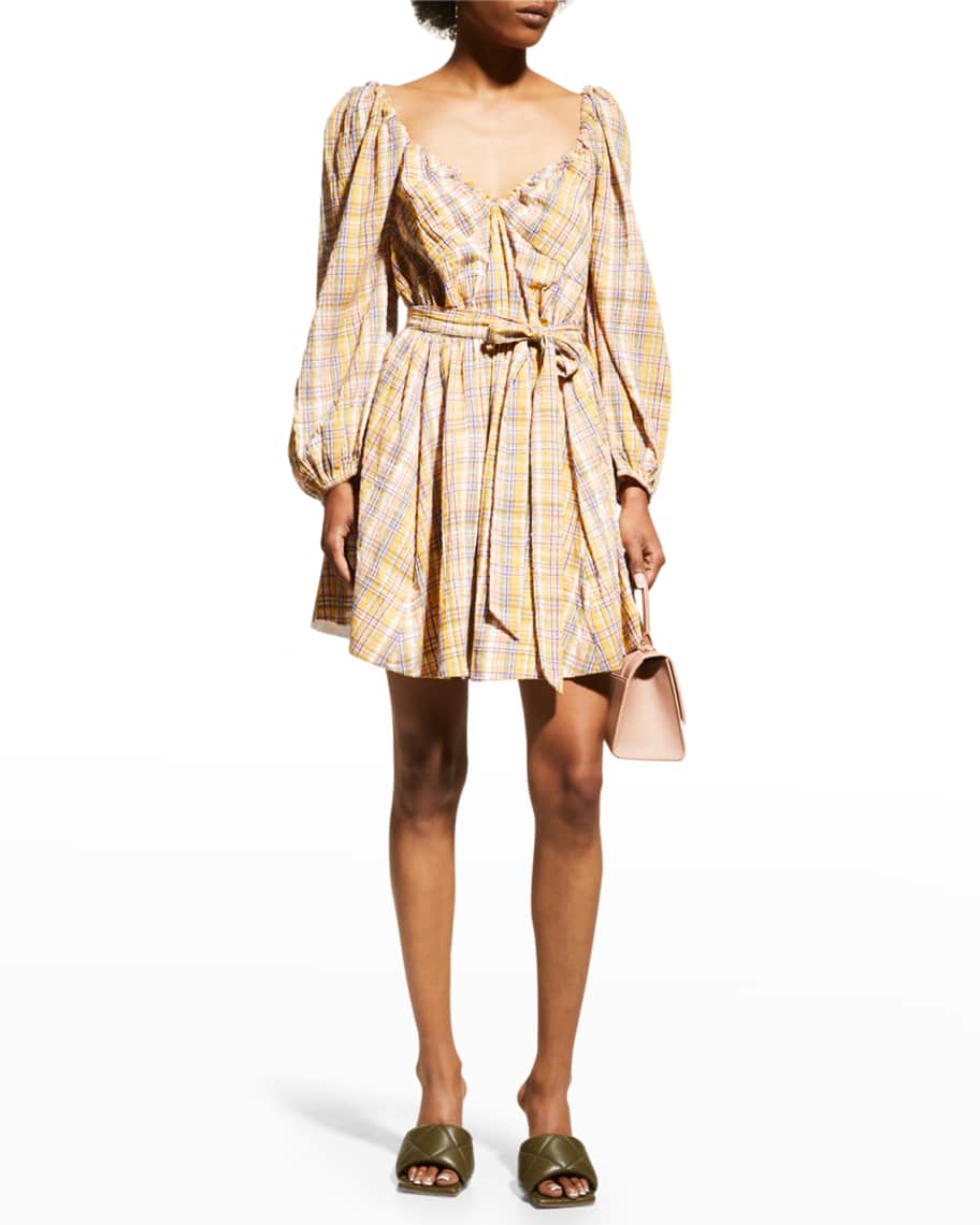 Tanya Taylor Xena V-Neck Puff-Sleeve Belted Mini Dress | Neiman Marcus