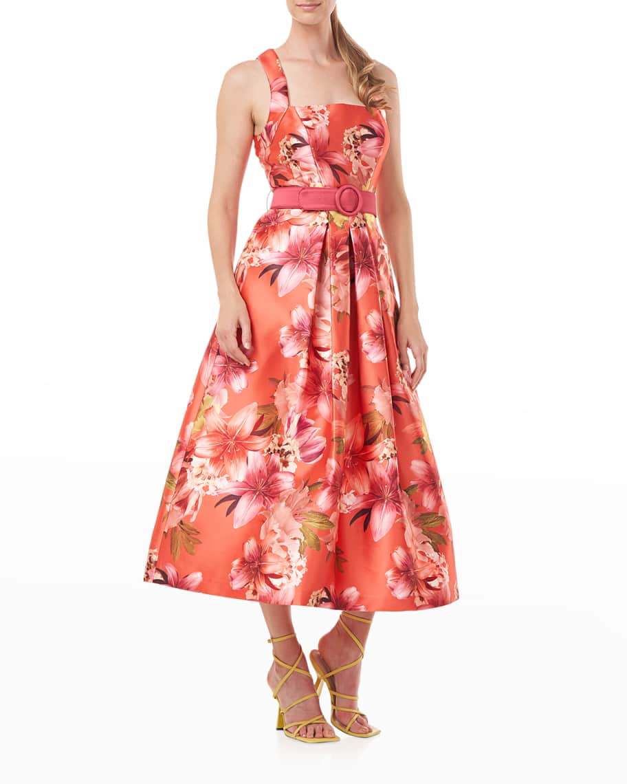Kay Unger New York Pleated Floral-Print Mikado Dress w/ Belt | Neiman ...