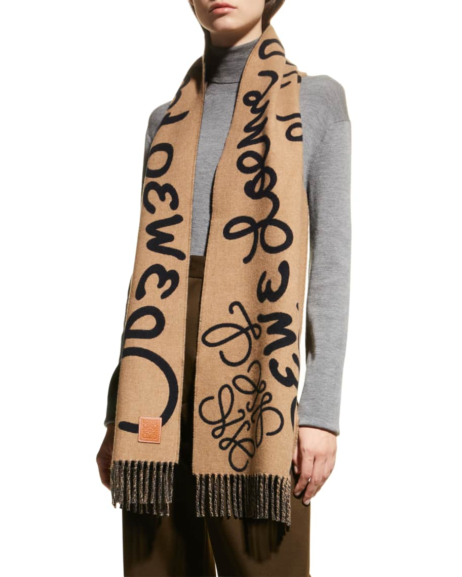 LOEWE Fringed printed wool, silk and cashmere-blend scarf