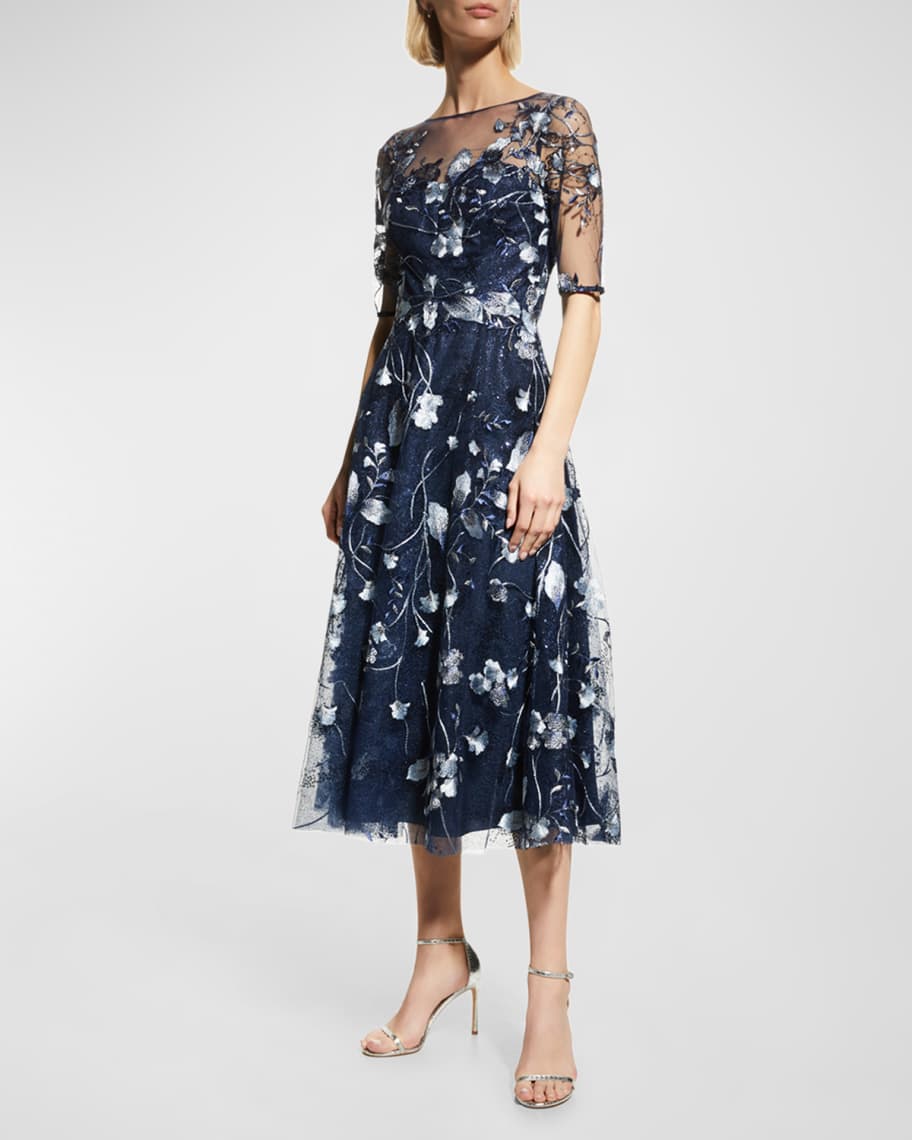 Rickie Freeman for Teri Jon Floral-Embroidered Tulle Cocktail Dress |  Neiman Marcus