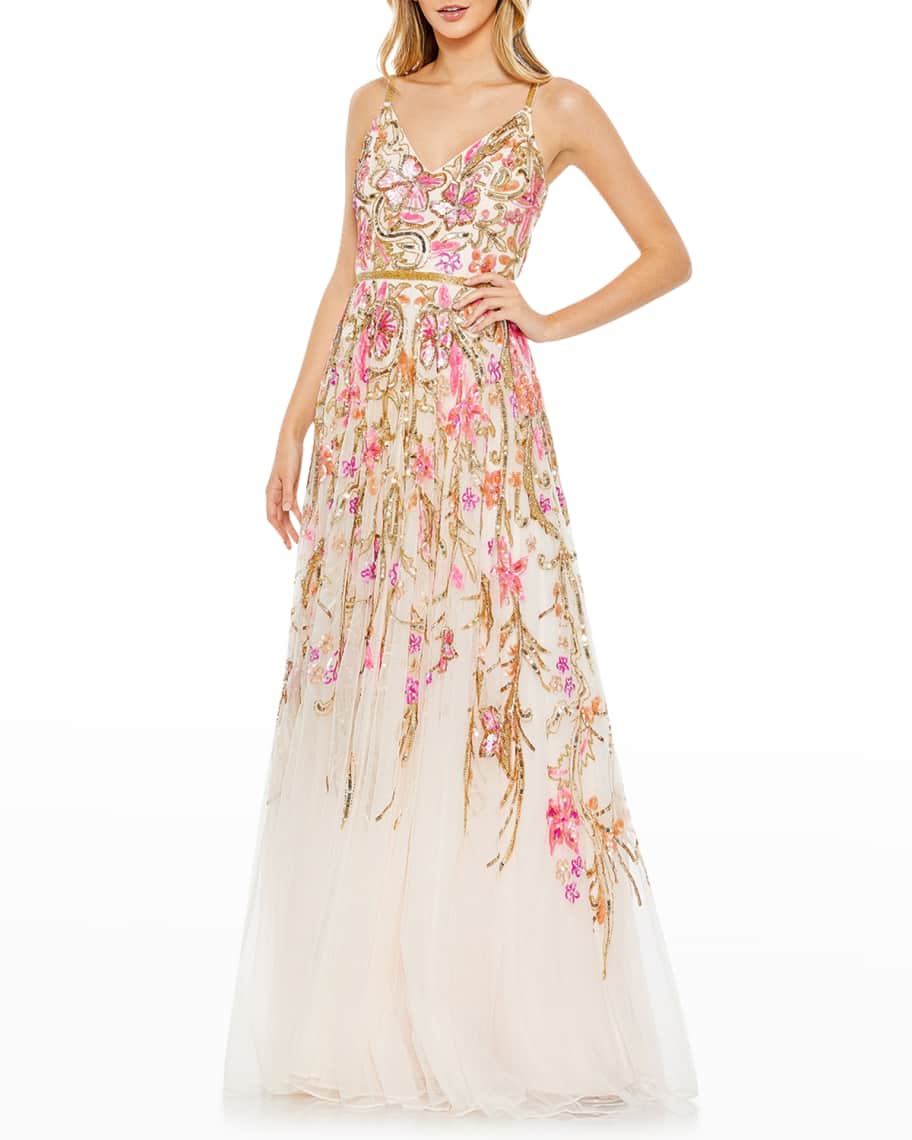 Mac Duggal Floral Sequin A-Line Gown | Neiman Marcus