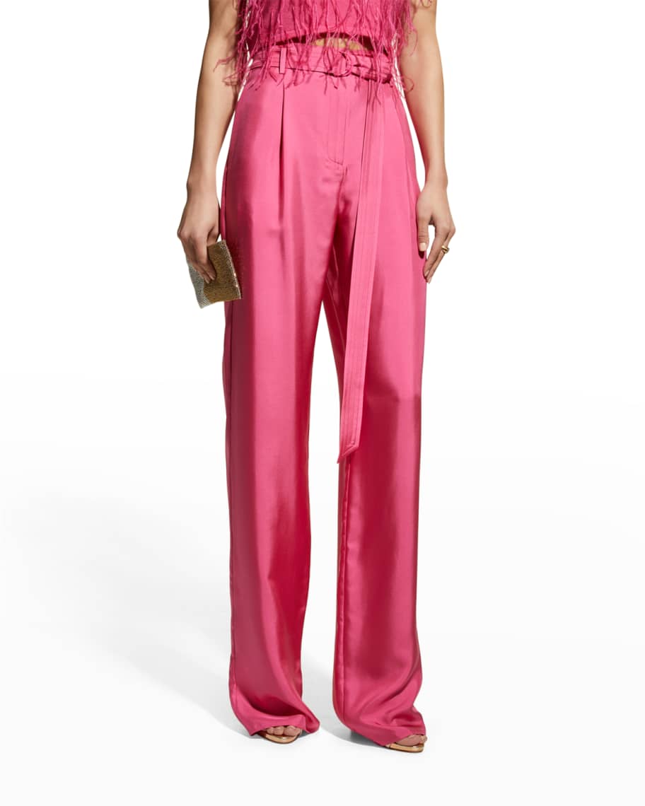 LAPOINTE High-Waist Belted Silk Twill Pants | Neiman Marcus
