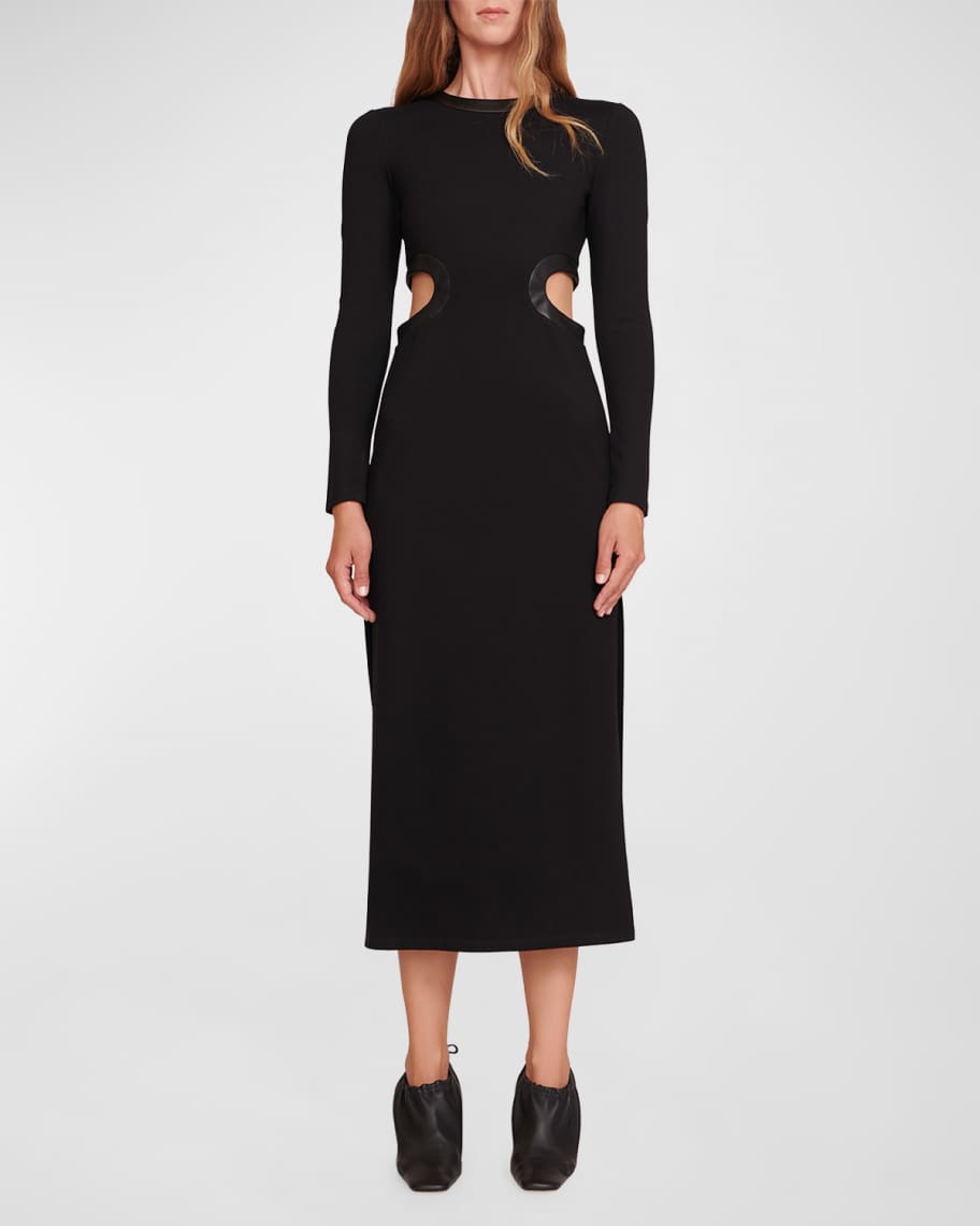 STAUD Dolce Cutout Vegan Leather Trim Midi Dress | Neiman Marcus