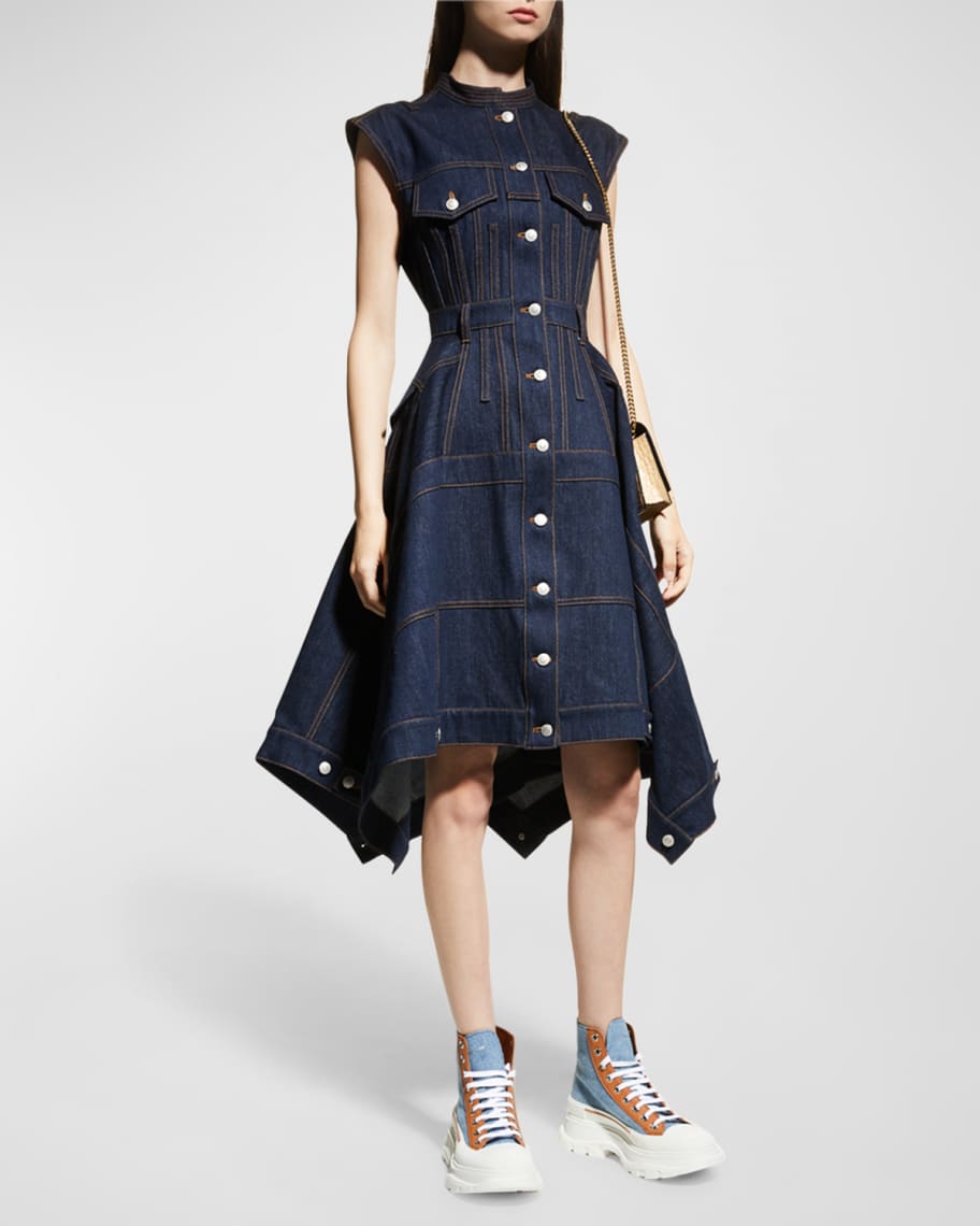 ワンピース Alexander McQueen Patchwork Denim Dress McQueen Patchwork Denim Midi Dress | Neiman Marcus