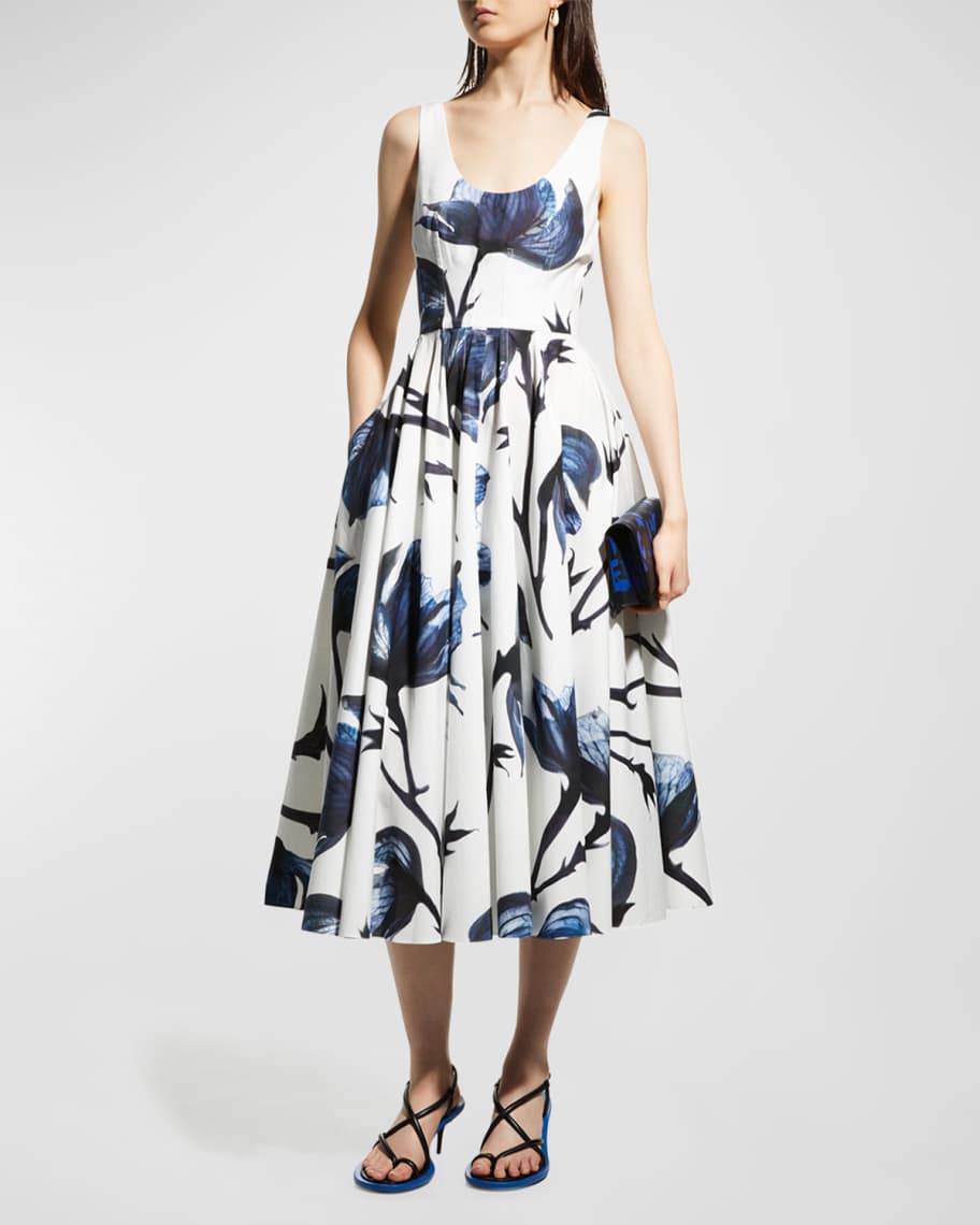 Alexander McQueen Floral Pleated Scoop Neck Midi Dress | Neiman Marcus