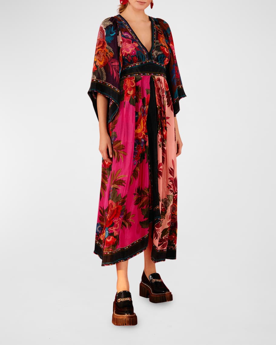 Farm Rio Flower Scarves Long Kimono-Sleeve Dress | Neiman Marcus
