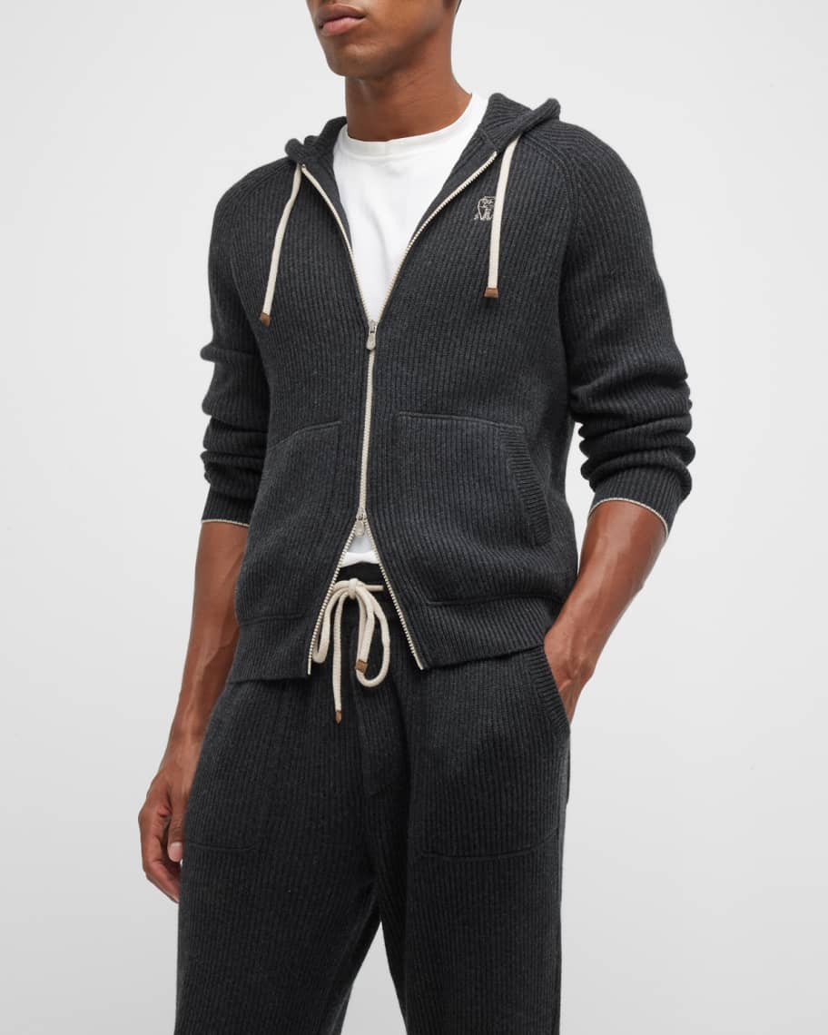 Brunello Cucinelli Men's Ribbed Cashmere FullZip Hoodie Neiman Marcus