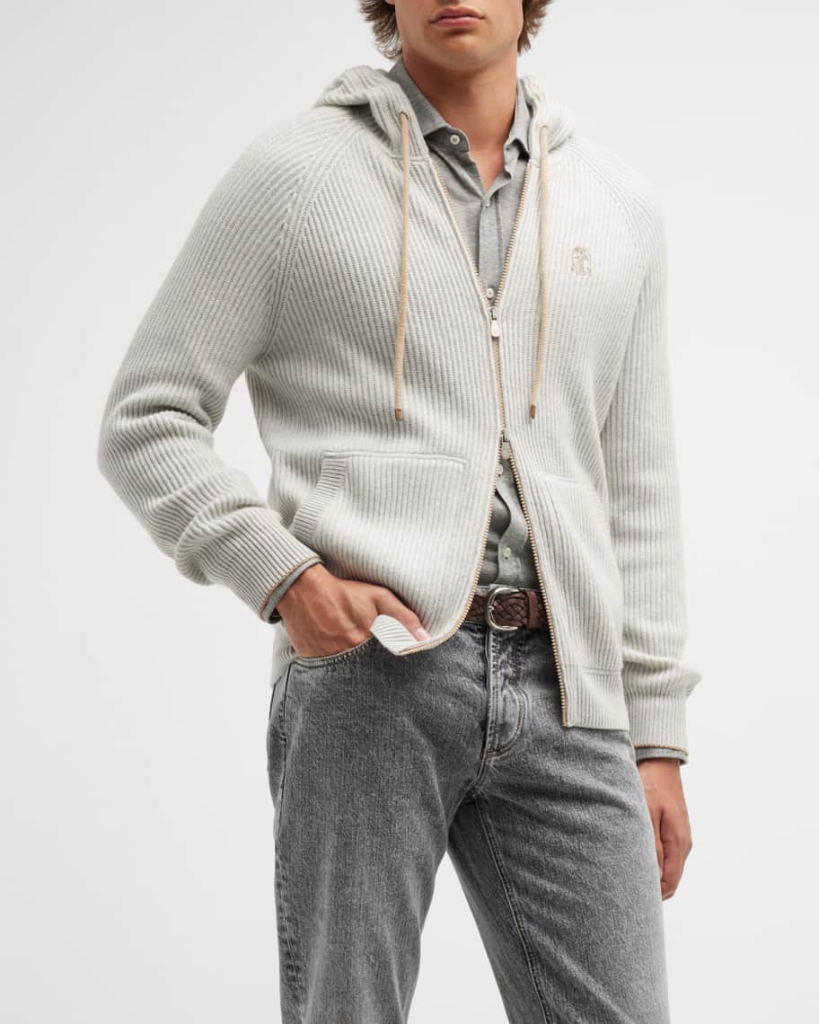 Brunello Cucinelli Men's Ribbed Cashmere FullZip Hoodie Neiman Marcus